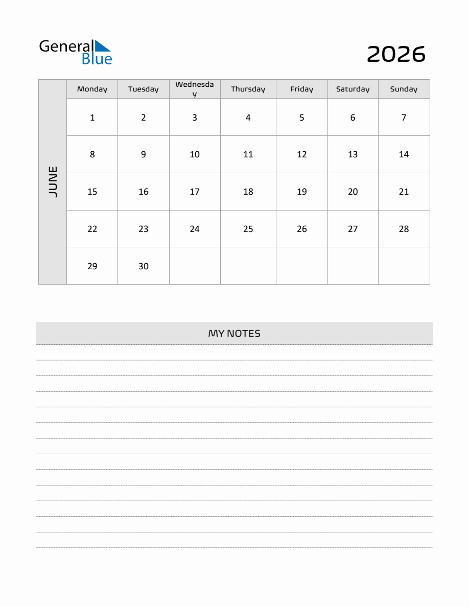 June 2026 Printable Monthly Calendar with Notes