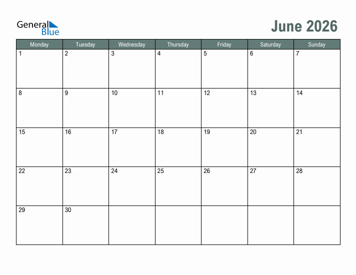 Free Printable June 2026 Calendar