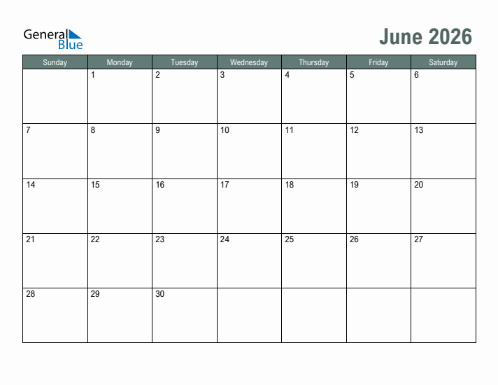 Free Printable June 2026 Calendar