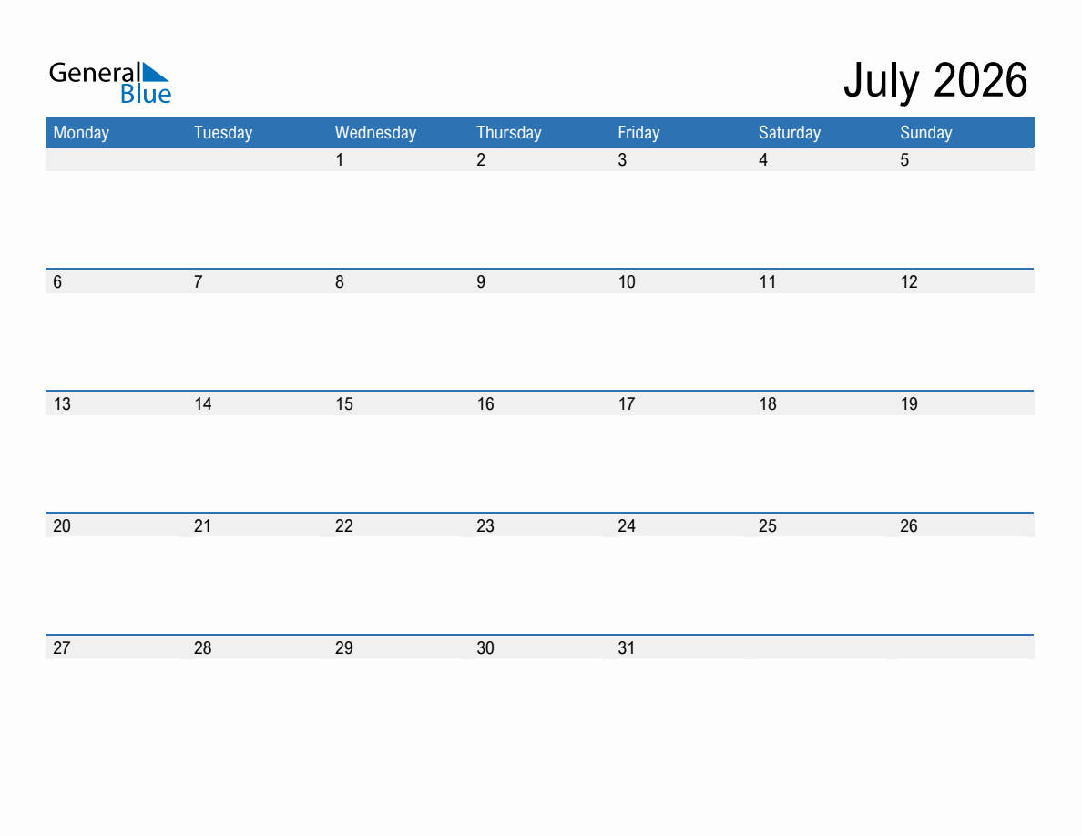 Editable Calendar Template for July 2026