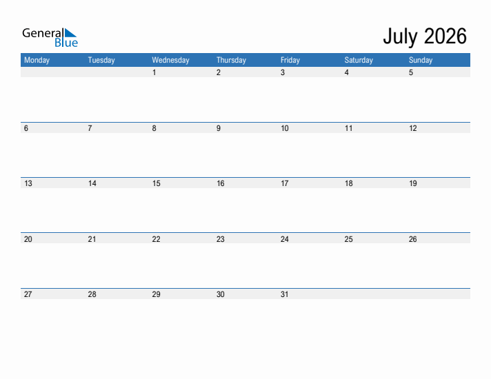 Fillable Calendar for July 2026