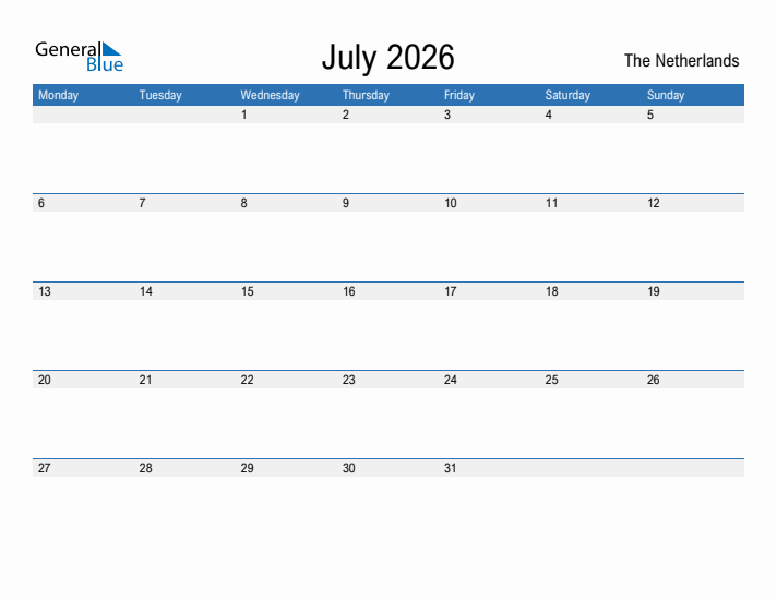 Fillable July 2026 Calendar