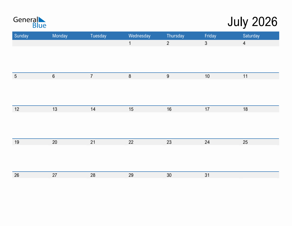 July 2026 Monthly Calendar (PDF, Word, Excel)