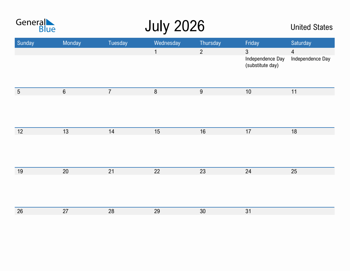 July 2026 Monthly Calendar with United States Holidays