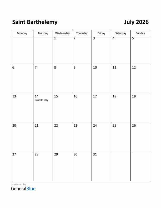 July 2026 Calendar with Saint Barthelemy Holidays