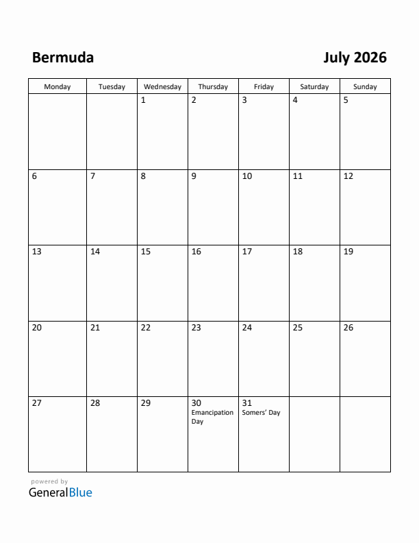 July 2026 Calendar with Bermuda Holidays