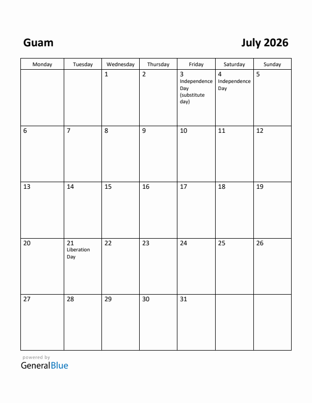 July 2026 Calendar with Guam Holidays