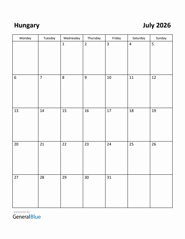 July 2026 Calendar with Hungary Holidays