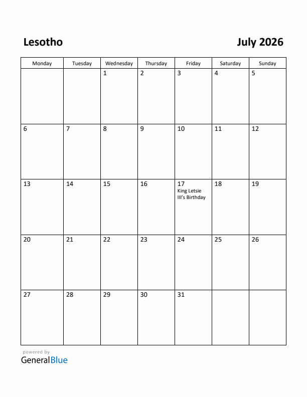 July 2026 Calendar with Lesotho Holidays