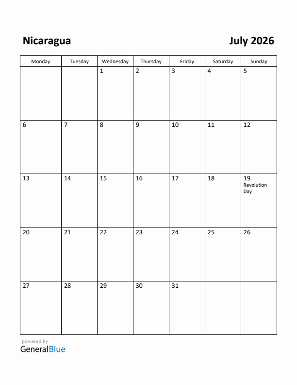July 2026 Calendar with Nicaragua Holidays