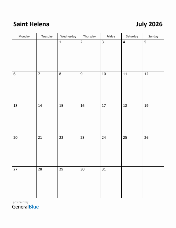 July 2026 Calendar with Saint Helena Holidays