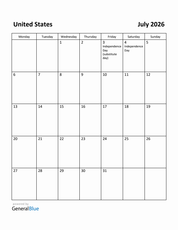 July 2026 Calendar with United States Holidays