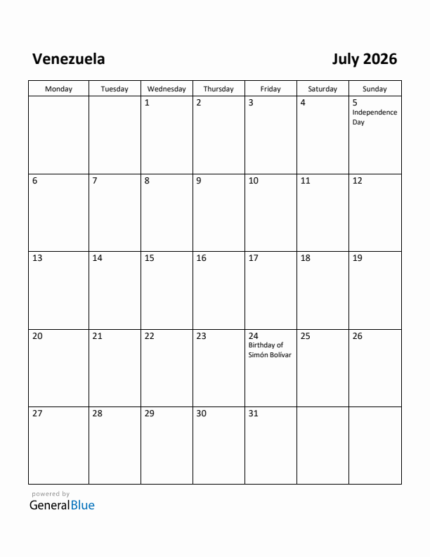 July 2026 Calendar with Venezuela Holidays