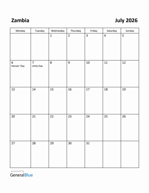 July 2026 Calendar with Zambia Holidays