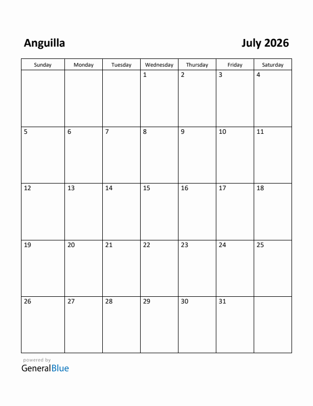 July 2026 Calendar with Anguilla Holidays
