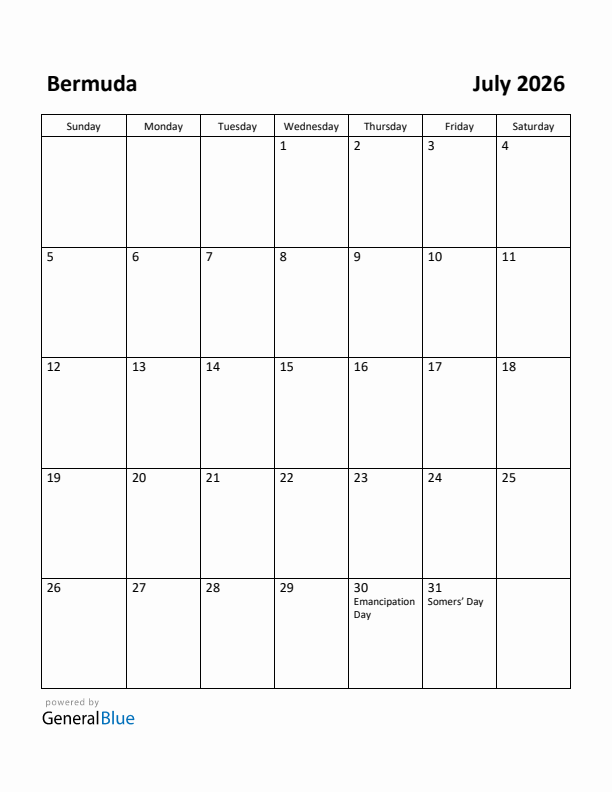 July 2026 Calendar with Bermuda Holidays