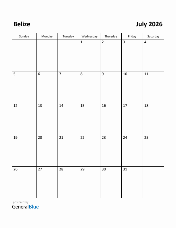 July 2026 Calendar with Belize Holidays