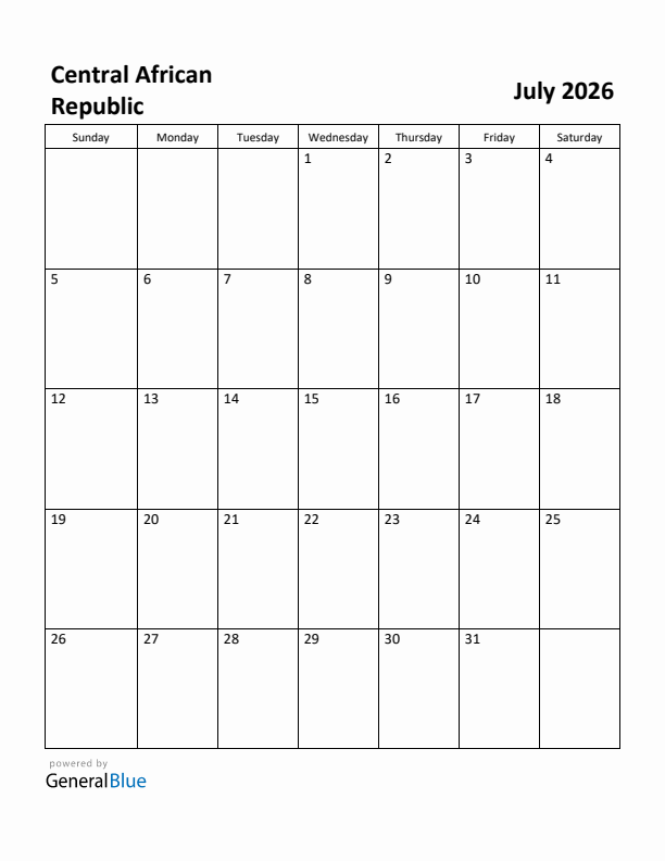 July 2026 Calendar with Central African Republic Holidays