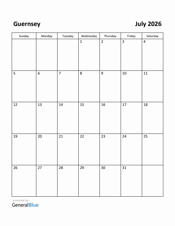 July 2026 Calendar with Guernsey Holidays