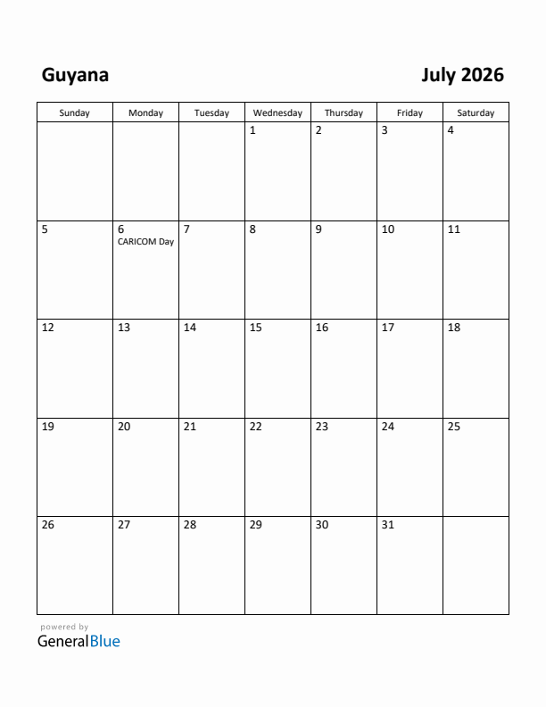 July 2026 Calendar with Guyana Holidays