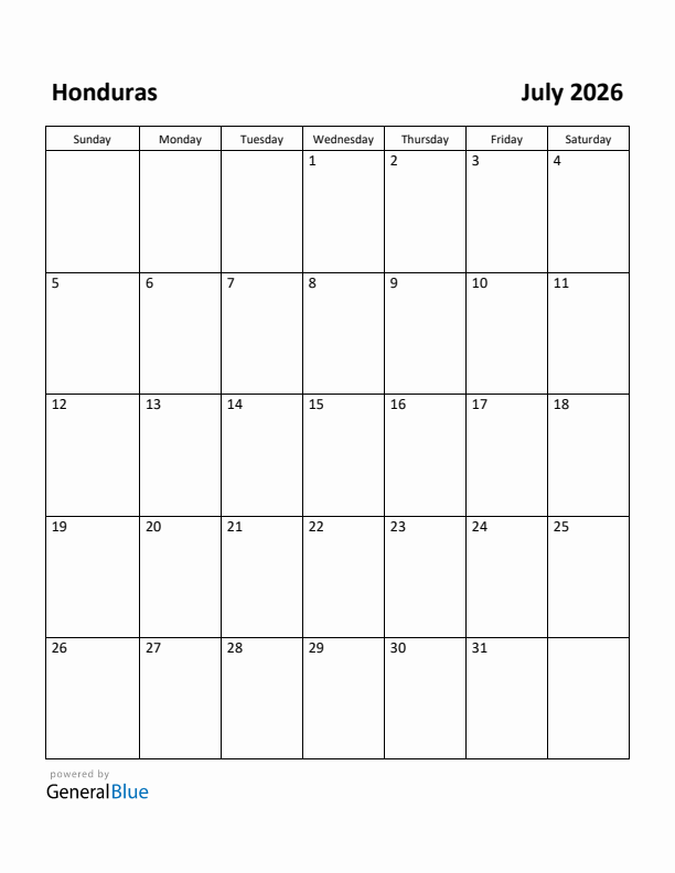 July 2026 Calendar with Honduras Holidays