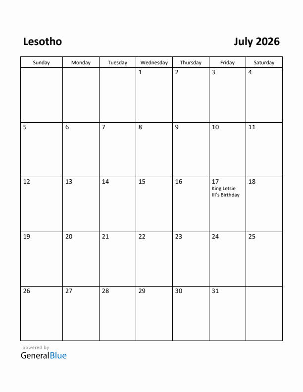 July 2026 Calendar with Lesotho Holidays