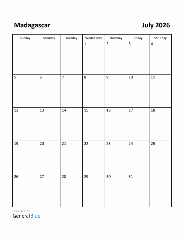 July 2026 Calendar with Madagascar Holidays
