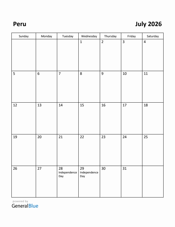July 2026 Calendar with Peru Holidays