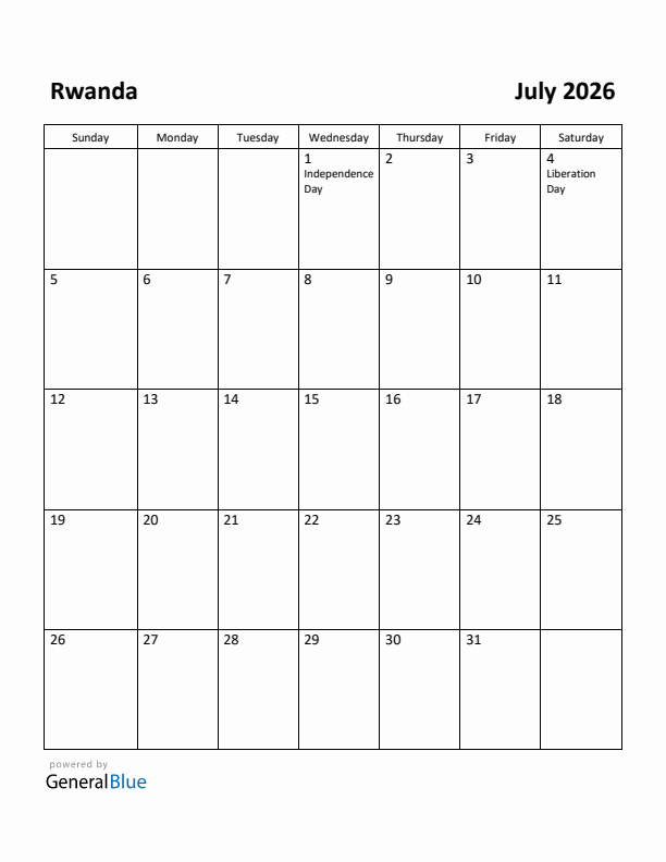 July 2026 Calendar with Rwanda Holidays