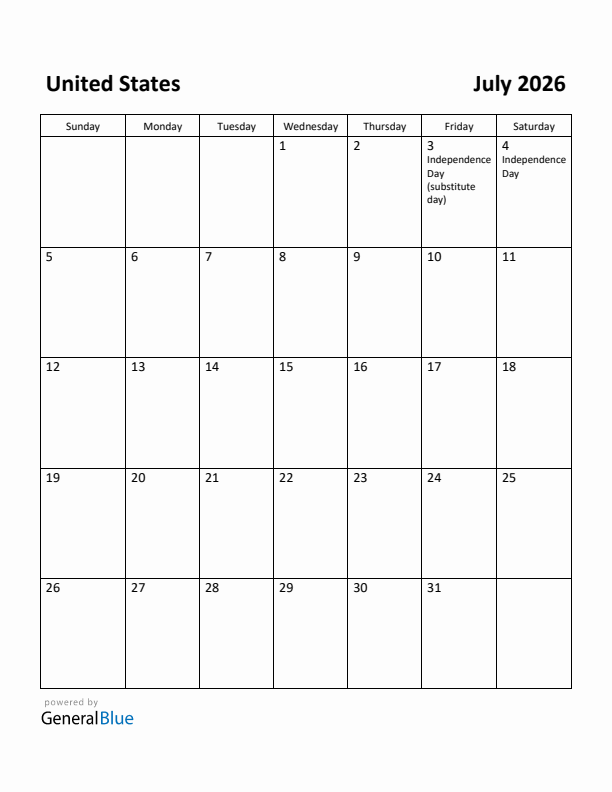 July 2026 Calendar with United States Holidays