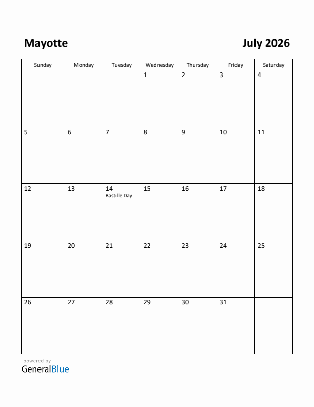 July 2026 Calendar with Mayotte Holidays