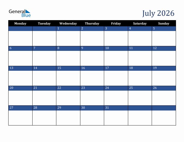 Monday Start Calendar for July 2026
