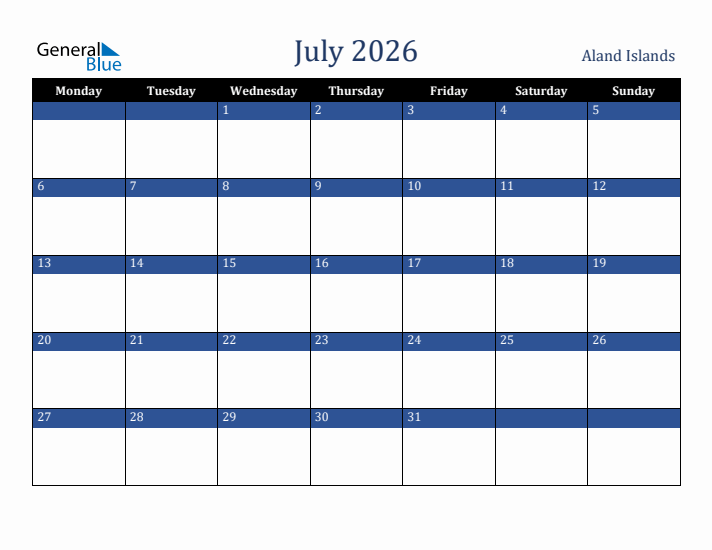 July 2026 Aland Islands Calendar (Monday Start)