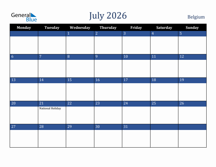 July 2026 Belgium Calendar (Monday Start)