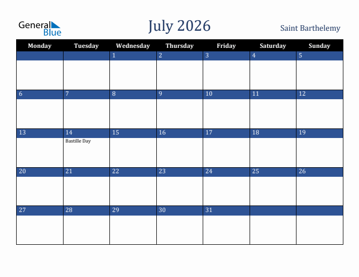 July 2026 Saint Barthelemy Calendar (Monday Start)