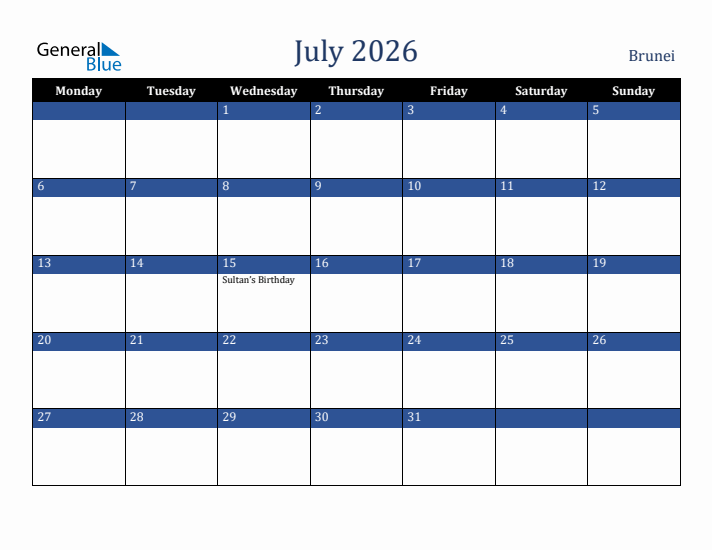July 2026 Brunei Calendar (Monday Start)