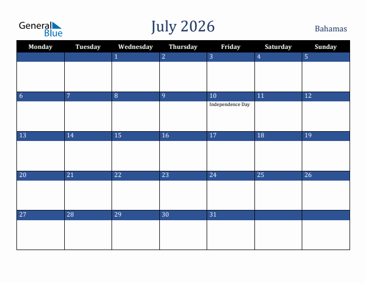 July 2026 Bahamas Calendar (Monday Start)
