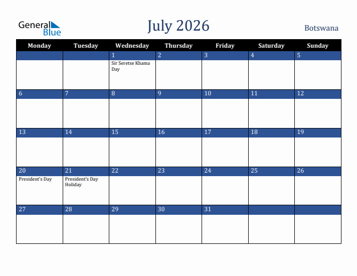 July 2026 Botswana Calendar (Monday Start)