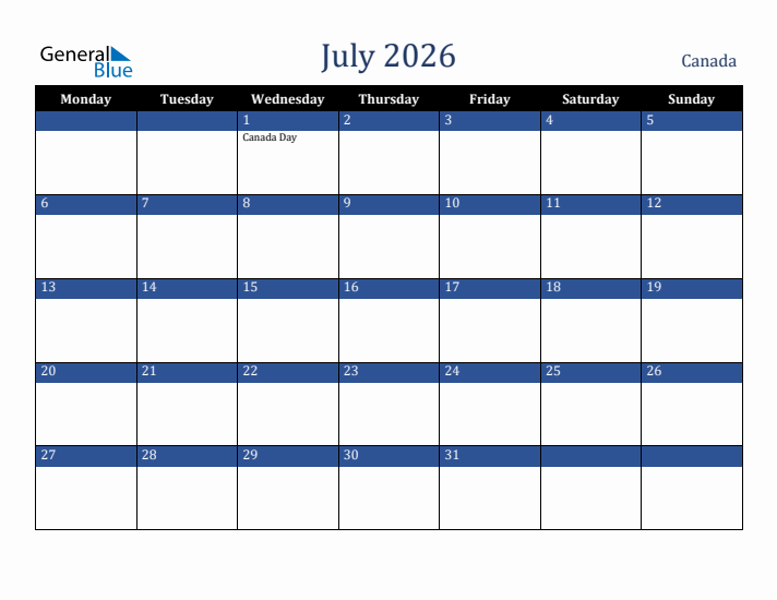July 2026 Canada Calendar (Monday Start)