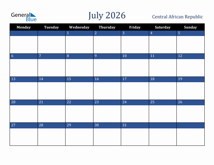 July 2026 Central African Republic Calendar (Monday Start)
