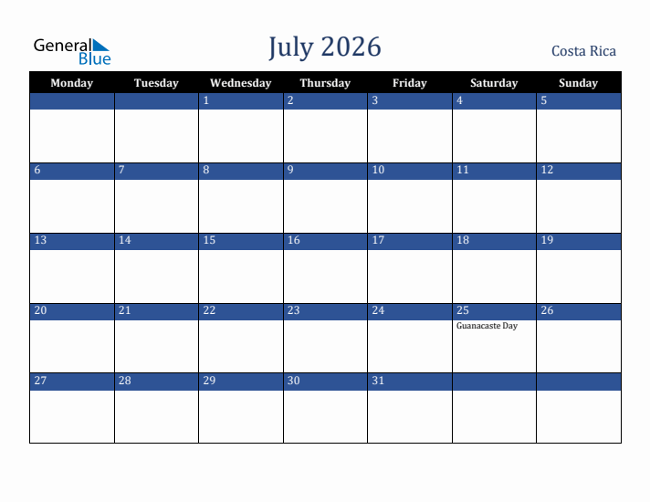 July 2026 Costa Rica Calendar (Monday Start)