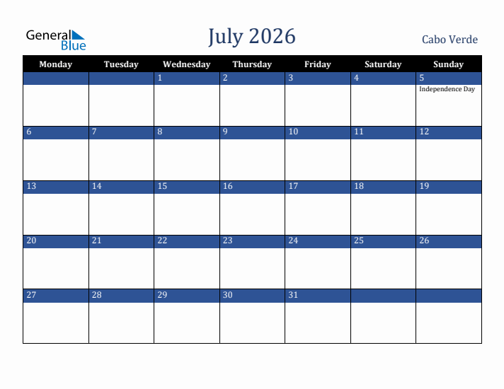 July 2026 Cabo Verde Calendar (Monday Start)