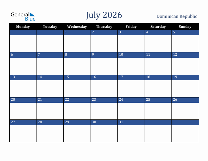July 2026 Dominican Republic Calendar (Monday Start)