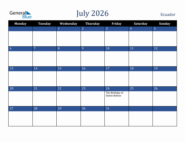 July 2026 Ecuador Calendar (Monday Start)