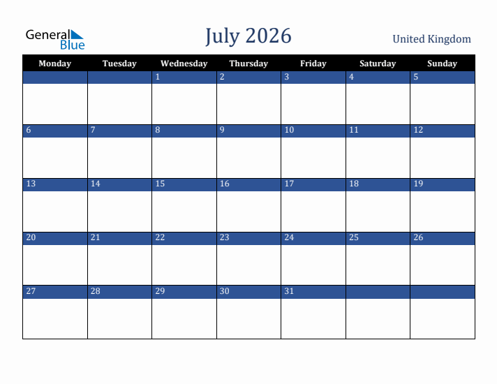 July 2026 United Kingdom Calendar (Monday Start)