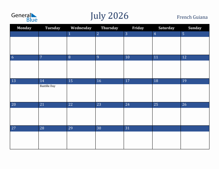 July 2026 French Guiana Calendar (Monday Start)