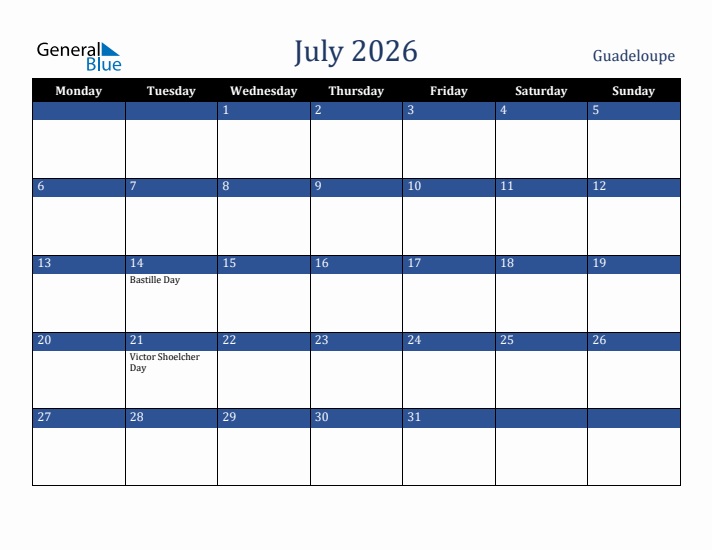 July 2026 Guadeloupe Calendar (Monday Start)