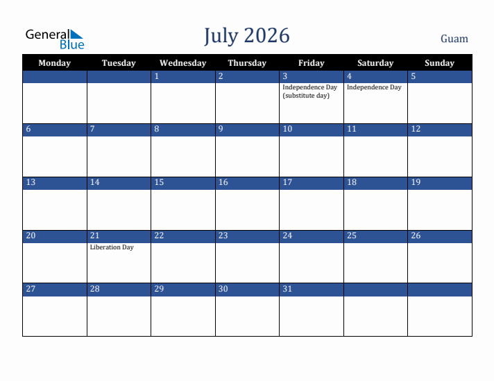 July 2026 Guam Calendar (Monday Start)