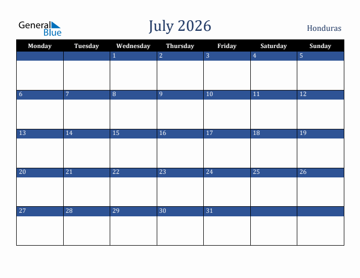 July 2026 Honduras Calendar (Monday Start)