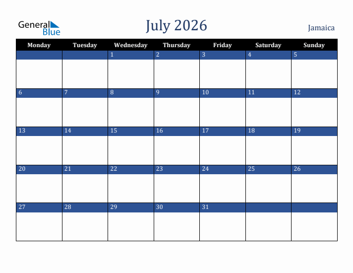July 2026 Jamaica Calendar (Monday Start)